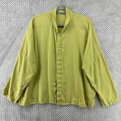 Planet Top 女式 OS 绿色亚麻纽扣前长袖领 Lagenlook — 第 1/4 张图片