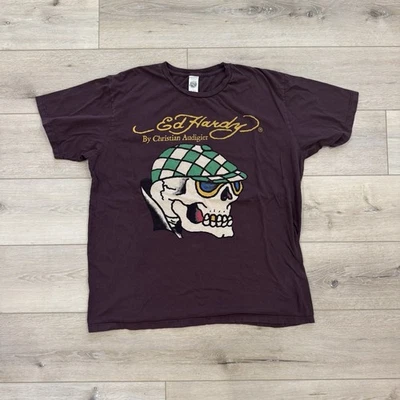 Ed Hardy Skull Shirt Men's XXL Brown Double Sided Y2K Christian Audigier USA - Image 1 of 4