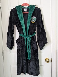 Harry Potter Slytherin Bath Robe Adult Medium Black Green Hood Plush Belted - Picture 1 of 12