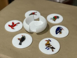 Set sottobicchieri in marmo con supporto semiprezioso uccellino intarsiato pietra design tavolo deco - Foto 1 di 7
