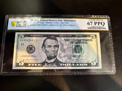 DBR 2021 $5 FRN Minneapolis STAR Fr. 1999-I* PCGS-B 67 PPQ Serial QI01454811* - Image 1 of 2