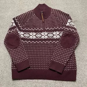 LL Bean Sweater Large Red White Signature Fair Isle 1/4 Zip Wool Elbow Patch - Picture 1 of 8