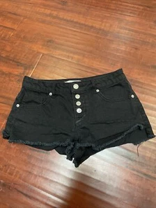 Forever 21 Black Denim Button Up Cut Off Low Rise Booty Shorts Size 25 - Picture 1 of 9