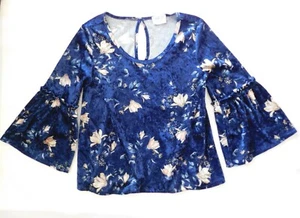 Blusa Top Sienna Sky Talla XS Azul Terciopelo Aplastado Acampana con Volantes Manga 3/4 - Imagen 1 de 3