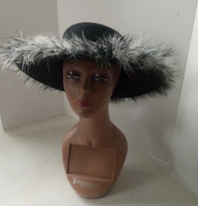 Vintage Black Wool Wide Brim Hat with Back & White Feather Trim - Picture 1 of 8