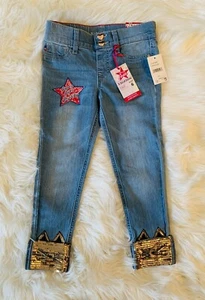 VIGOSS Girls Denim Ankle Cuffed Skinny Blue Jeans  NEW NWT Sz 6 Gold Cat Sequins - Picture 1 of 12