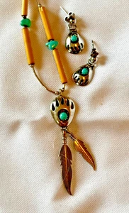 Native American SterlingSilver Bear Paw Turquoise Necklace and matching earrings - Picture 1 of 9