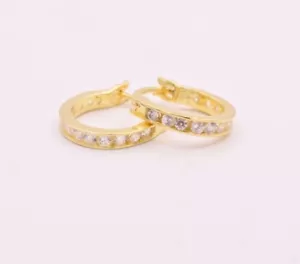 3mm x 15mmChannel Set Shiny Hoop Earrings 14K Yellow Gold Plated Real 925 Silver - Picture 1 of 6