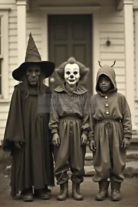 CREEPY VINTAGE CHILDREN IN HALLOWEEN COSTUMES WITCH 1930s 4X6 FANTASY PHOTO - Picture 1 of 1