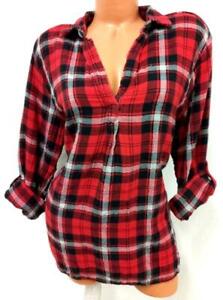 *Sonoma black red plaid metallic shimmer v cut roll up sleeve flannel top XL