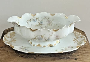 Haviland Schleiger 71A Blue Pink Flower On Ranson Gravy Boat Attached Underplate - Picture 1 of 9