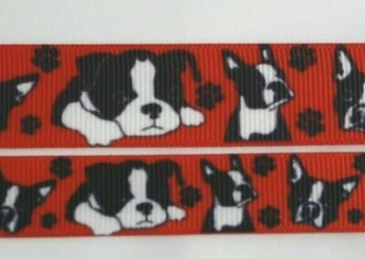 Dog Grosgrain ribbon BTY 5/8" 7/8" Cute Puppy Red with Black White Dog Bulldog - Image 1 of 4