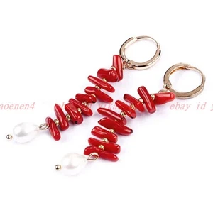 Natural Red Coral Chip Beads White Freshwater Pearl Dangle Leverback Earrings - Picture 1 of 4