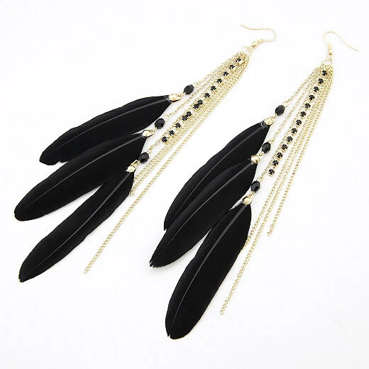 Golden & Black Feather Dangling Earrings w Black Rhinestone & Chain Tassels - Image 1 of 1