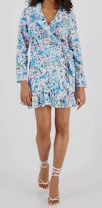 Bar III Women Blue Floral-Print Ruffle Tie-Waist Wrap Dress Petite Size PM - Picture 1 of 2