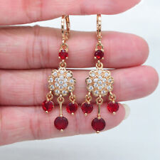 18K Yellow Gold Filled Women Red Topaz Chandelier Dangle Earrings Jewelry