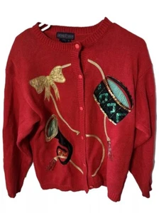 Ugly Christmas Cardigan Women’s Sweater Red Hand Embroidered Bugle Drum Size S - Picture 1 of 5