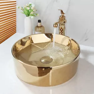 Rubinetto miscelatore bagno oro + ciotola lavabo ceramica oro tondo + set scarico pop - Foto 1 di 9