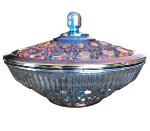 Blue Carnival Glass Covered Candy Dish Iridescent Vintage Vanity Dish Decor - Picture 1 of 9