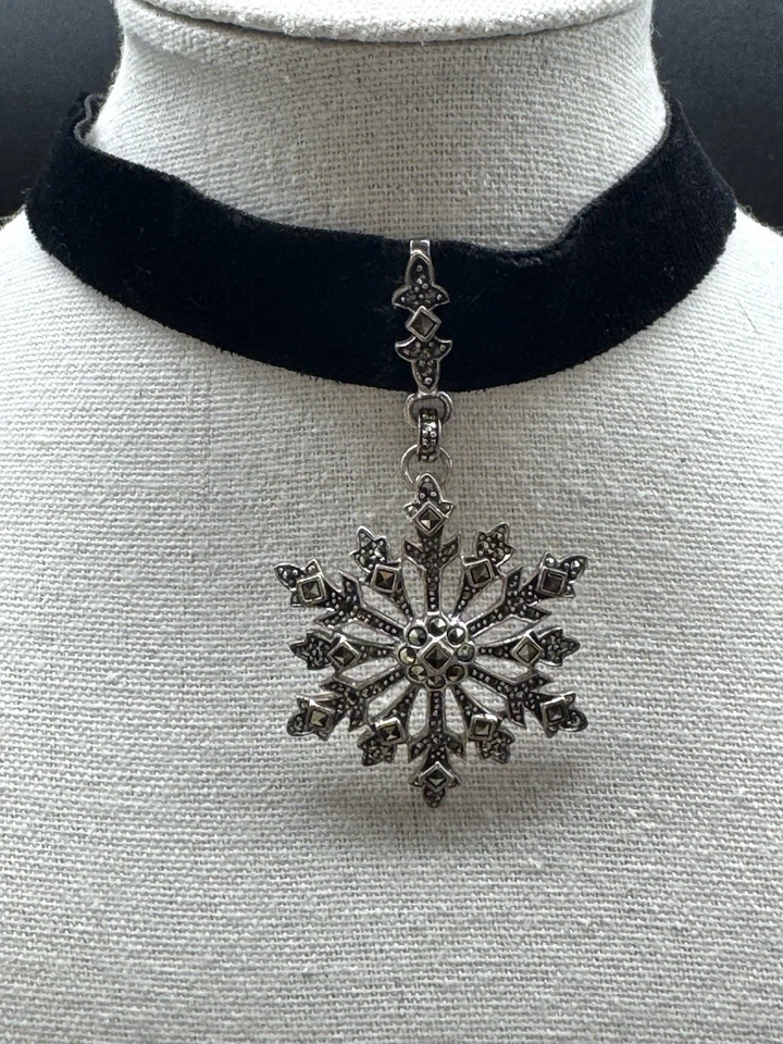 925 Silver Snowflake Pendant Velvet Choker Gothic Vintage Thailand Foto 1 de 4