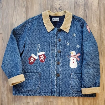 Chaqueta Denim Acolchada De Colección Muñeco de Nieve Apliques Pana Cuello 1X Invierno Navidad Foto 1 de 4