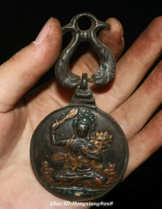9CM Old Tibet Bronze Painting Buddhism Wenshu Manjushri Goddess Amulet Pendant - Picture 1 of 6