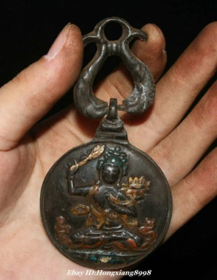 9CM Old Tibet Bronze Painting Buddhism Wenshu Manjushri Goddess Amulet Pendant - Image 1 of 4