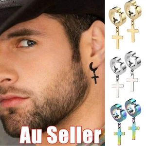 1Pair Unisex Stainless Steel Clip On Cross Pendant Multi-Colour Hoop Earrings - Picture 1 of 18