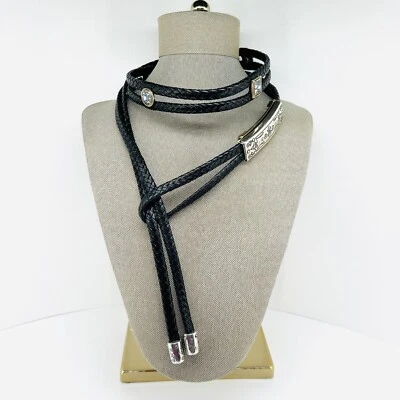 Western Vintage Braided Black Leather Belt Rhinestones Silver Tone Buckle Size M - Image 1 of 4