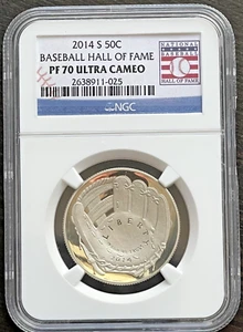 2014 HALF DOLLAR 50c BASEBALL COIN SILVER CLAD HOF LABEL PF70 UC 1st CURVED COIN - Picture 1 of 4