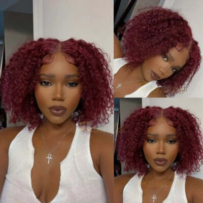Short Burgundy Red Kinky Curly Lace Front Wig Bob Wigs Real Human Hair Curly Wig - Image 1 of 4