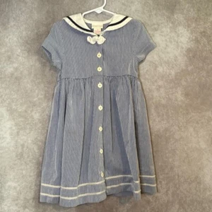 Hartstrings Navy Blue Pinstriped Sailor Dress Girls Size 5 Button Up Embroidered - Picture 1 of 7