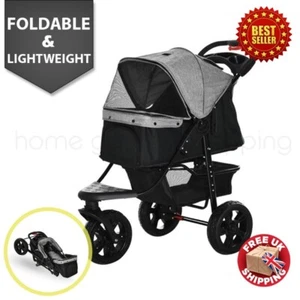 Pawhut Folding 3 Wheel Pet Stroller Adjustable Canopy 12KG Dog Pushchair Grey - Picture 1 of 8