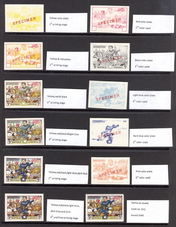 Liberia 1949 5c Ashmun stamp, eleven printing stages with SPECIMEN ovpt. NH #312 - Image 1 of 1