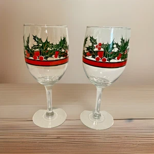 Vintage Libbey Christmas HOLLY & BERRIES Wine Glasses Goblets Red Band Set of 2 - Picture 1 of 7
