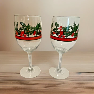 Vintage Libbey Christmas HOLLY & BERRIES Wine Glasses Goblets Red Band Set of 2 - Image 1 of 4