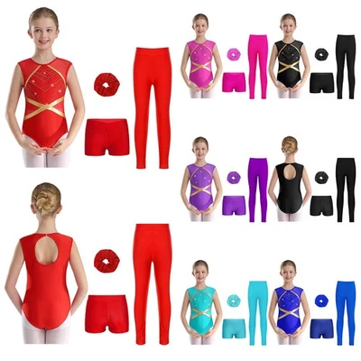 UK Kids Activewear Set Sparkly Unitard with Shorts Hairband 4-Piece Biketard - Image 1 of 3