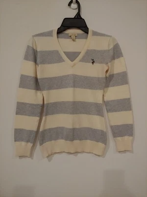 U.S. Polo Assn. Suéter para mujer manga larga cuello en V marfil/gris rayas talla pequeña Foto 1 de 4