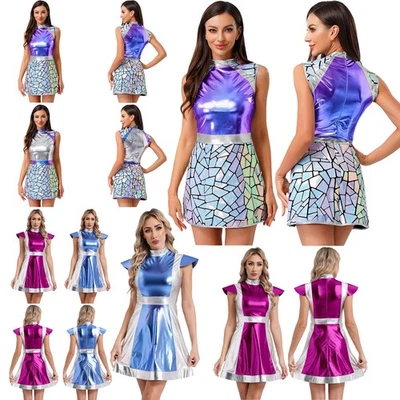MARKENLOS Damen Alien Astronauten Kleid Glitzer Metallic Mini Ärmellos Halloween Cosplay