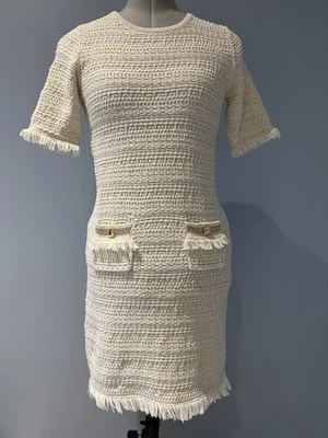 Lilly Pulitzer Tweed Fringe Sweater Dress Cream Textured Knit XS - Image 1 of 4