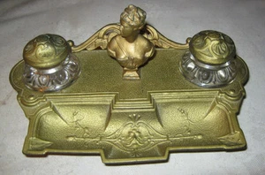 ANTIQUE ART NOUVEAU CAST IRON GLASS NUDE LADY BUST STATUE PEN TRAY DESK INKWELL - Picture 1 of 8