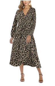 Women's Long Sleeve Wrap V Neck Midi Dress w/Belt High Slit Sz S - Leopard Print - Picture 1 of 6