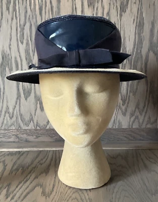 Sombrero Eva Mae vintage de paja azul marino y blanco para mujer con lazo años 60’s talla 21 1/2” Foto 1 de 4