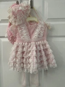 Vtg Pazazz Pink Ruffle Lace Dress w/bloomers Bonnet Size Medium Or 24 Months 2 - Picture 1 of 6