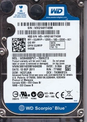 WD WD6400BPVT-75HXZT3 WXQ1A HCOTJAN 640GB SATA Malaysia 2011 2.5" HDD 6119 - Image 1 of 2