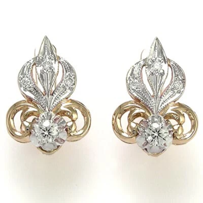 14k Rose (Pink) & White Gold Genuine Diamond Fleur de Lis Earrings - Image 1 of 4