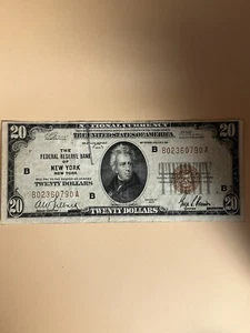The Federal Reserve Bank of New York 1929 Twenty Dollar Bill. - Picture 1 of 3