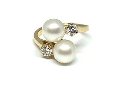 Bague Toi et Moi en or jaune 18 carats , perles et diamants , T59 ajustable - Photo 1/4