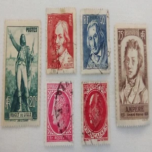 1930s French Historic Personalities Set Of 6 Used Vintage French Stamps VF MH - Picture 1 of 8
