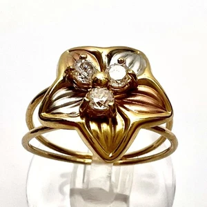 18k Dubai Solid Yellow Gold Flower Cubic Zirconia Tricolor Ring Size 7.5, 2.92g - Picture 1 of 12